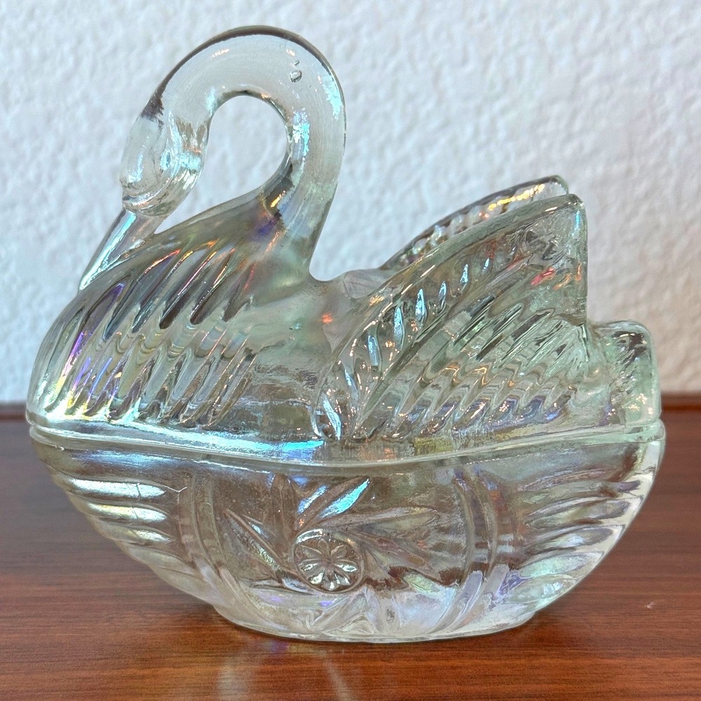 Vintage Iridescent Pressed Glass Swan Trinket Box Candy Dish